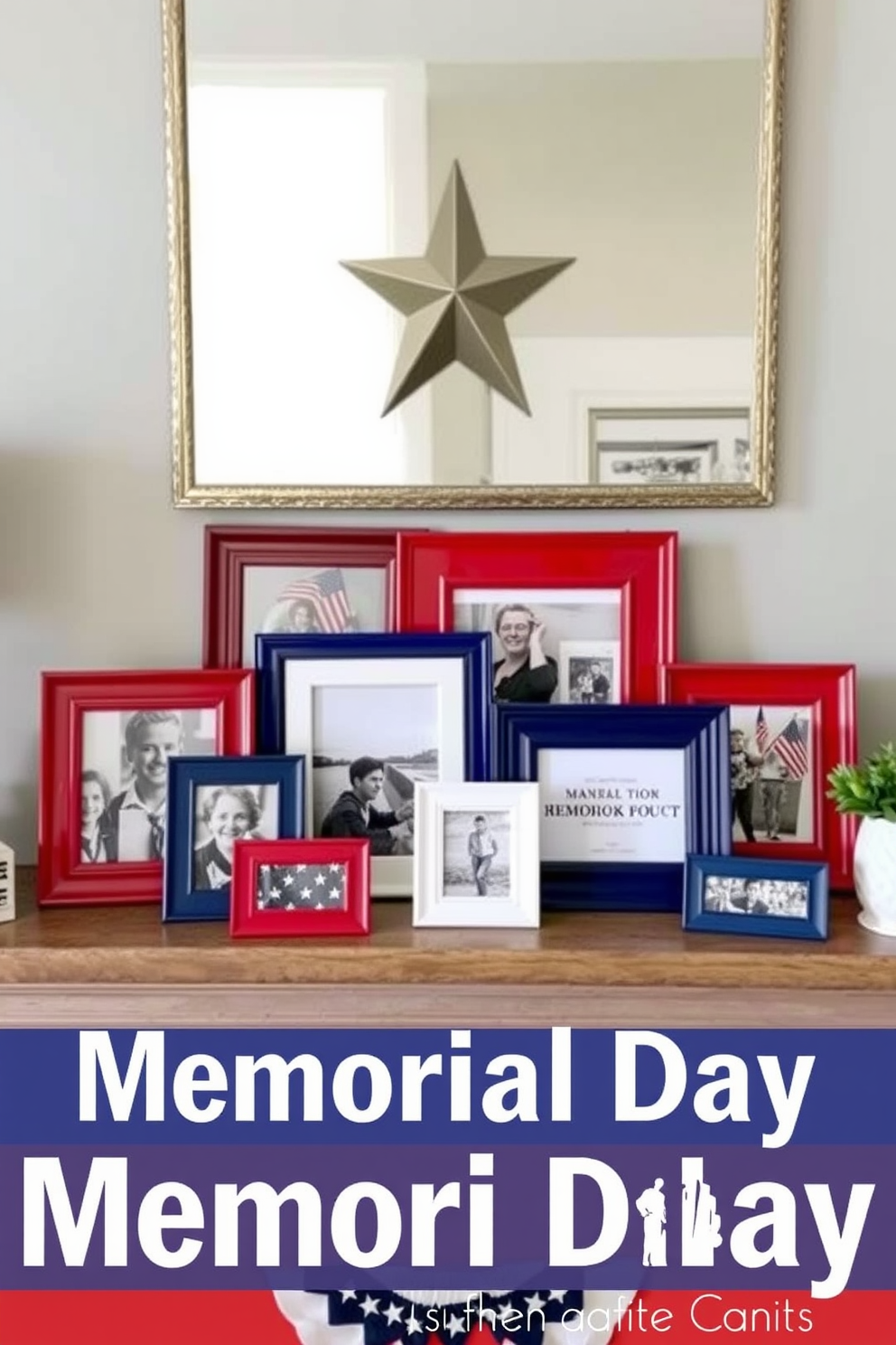 Create a festive mantel display for Memorial Day featuring an arrangement of red white and blue themed picture frames. Each frame showcases patriotic images and memorabilia, enhancing the holiday spirit while complementing the overall decor of the room.