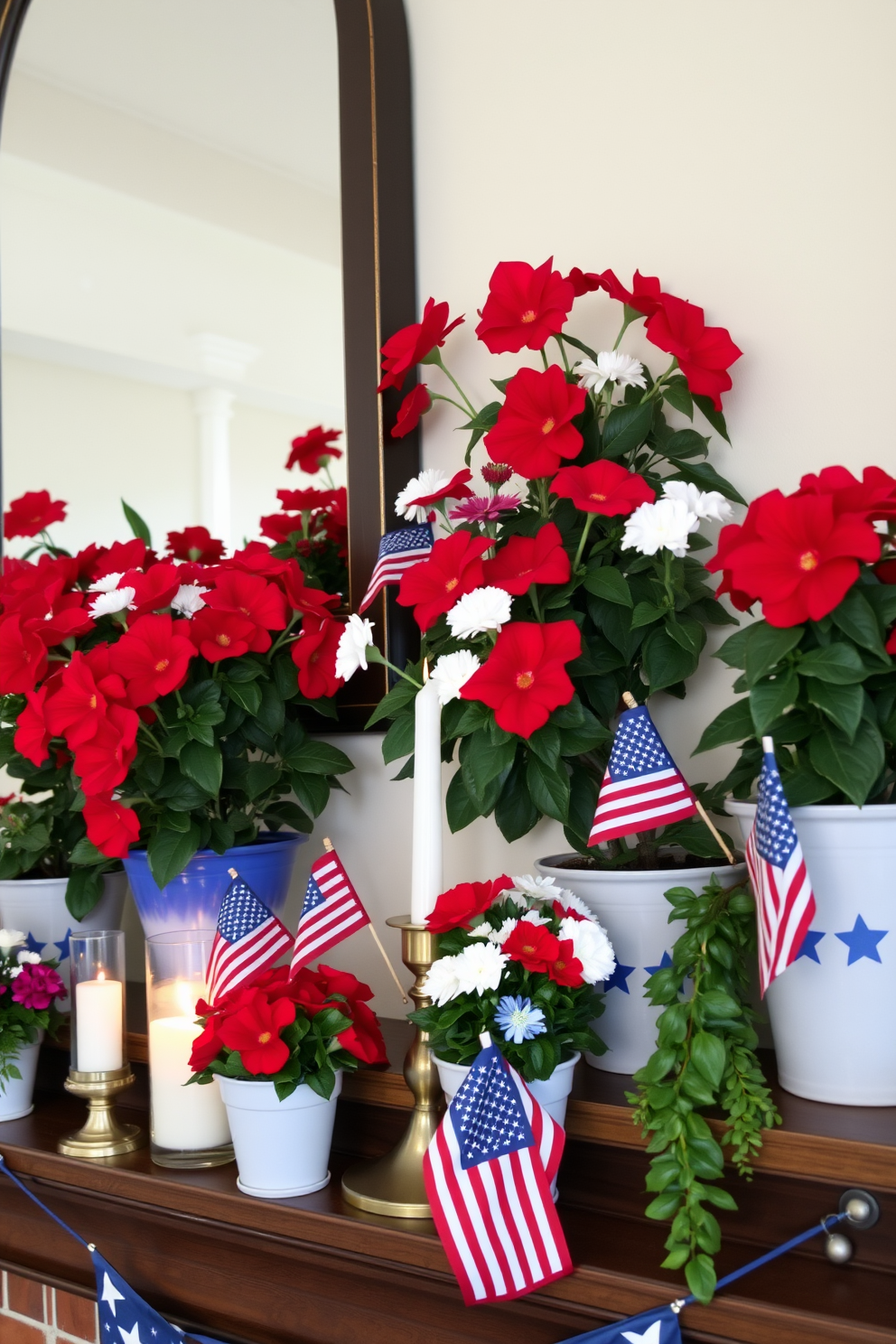 A festive mantel adorned with potted plants featuring vibrant red, white, and blue blooms. The arrangement includes a mix of flowers in various sizes, complemented by decorative candles and small American flags.