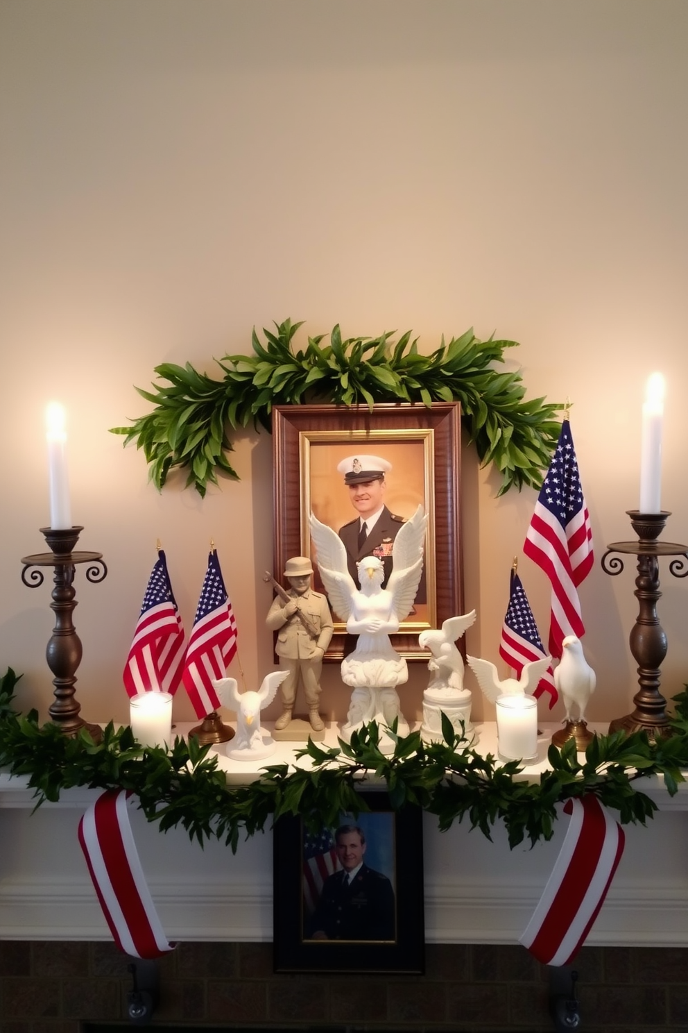 A beautifully arranged mantel features ceramic figurines of soldiers and eagles, symbolizing patriotism and honor. The backdrop is adorned with a tasteful garland of greenery, complemented by small American flags placed strategically among the figurines. Soft candlelight flickers from elegant holders on either side of the mantel, enhancing the warm ambiance. A framed photo of a veteran is displayed prominently, adding a personal touch to the Memorial Day decor.