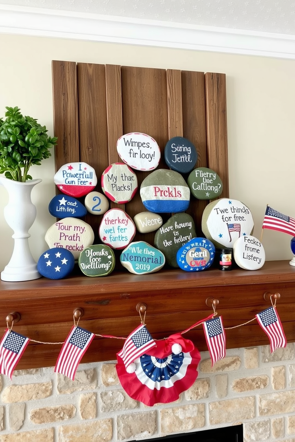 A collection of beautifully painted rocks displaying patriotic messages is arranged on a rustic wooden mantel. The mantel is adorned with seasonal decor, including small flags and red, white, and blue accents that celebrate Memorial Day.