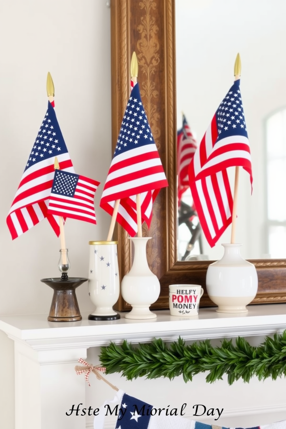 A charming mantel decorated for Memorial Day features vintage flags artfully arranged in decorative vases. The vases are placed at varying heights, creating an inviting and festive atmosphere that honors the occasion.