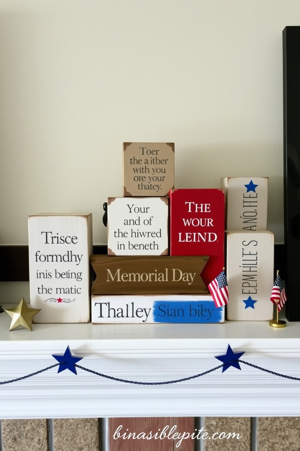 A charming mantel display featuring wooden blocks painted with patriotic sayings. The blocks are arranged in a staggered formation, complemented by small decorative elements like stars and flags to enhance the Memorial Day theme.