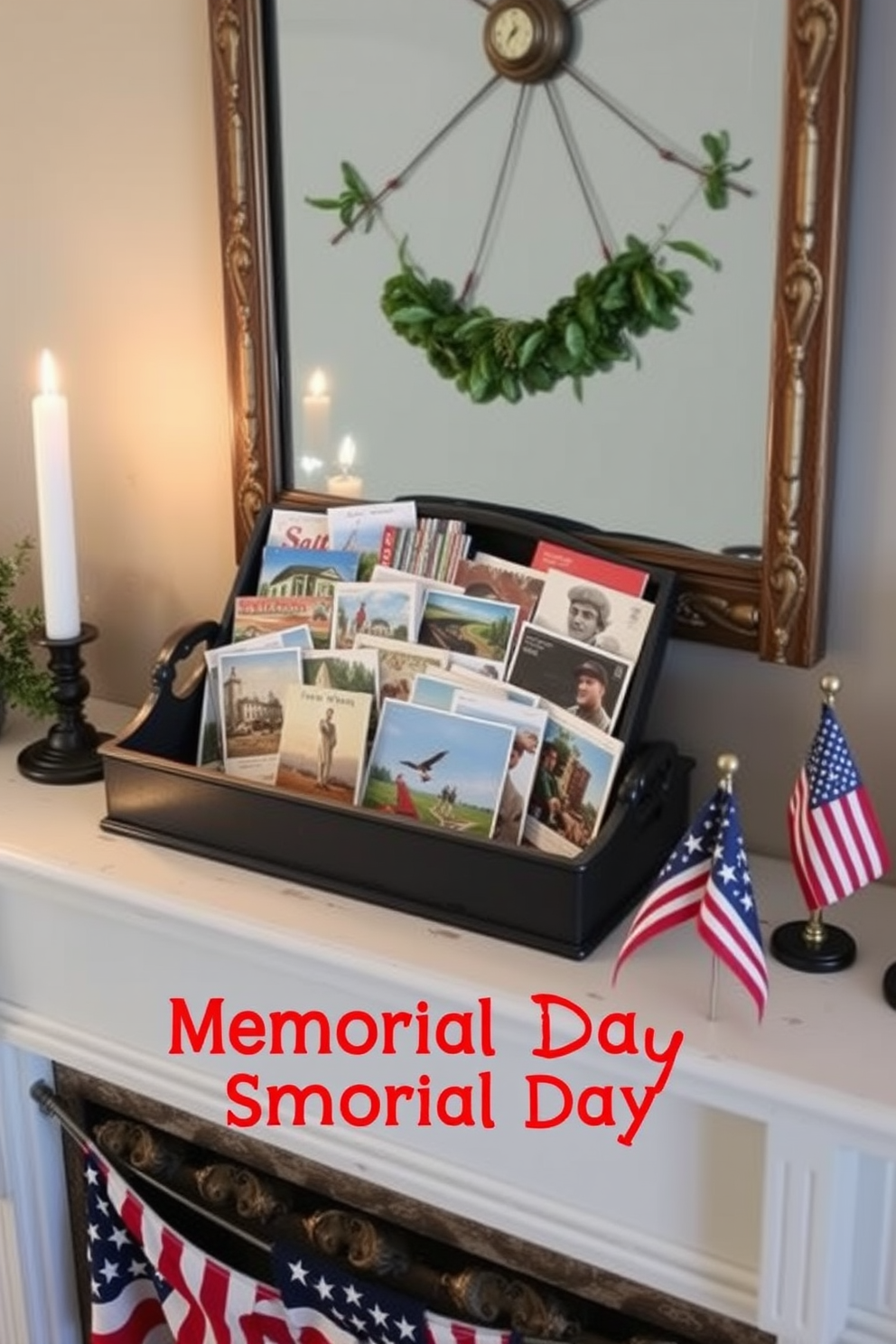 A collection of vintage postcards arranged in a decorative tray creates a charming focal point. The tray is placed on a rustic mantel, surrounded by soft candlelight and seasonal greenery. For Memorial Day, the mantel is adorned with red, white, and blue accents. Flags and small patriotic decorations complement the postcards, celebrating the holiday with a touch of nostalgia.