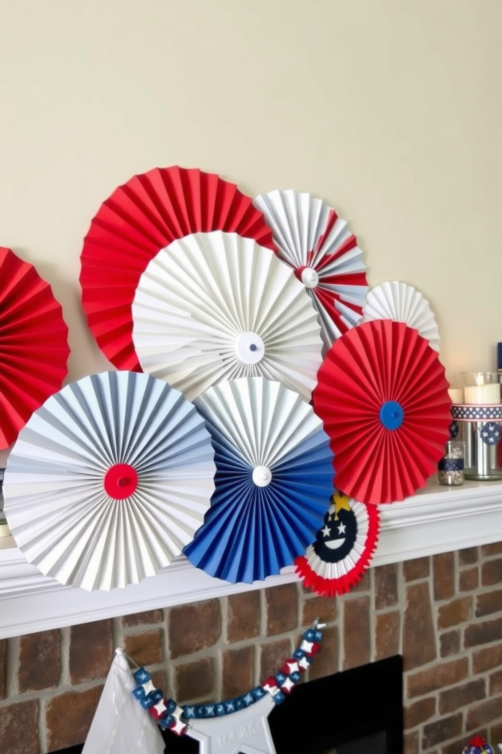 Colorful paper fans in red white and blue are arranged in a festive display along the mantel. The fans are complemented by small decorative items such as candles and patriotic-themed accents, creating a cheerful and inviting atmosphere for Memorial Day celebrations.