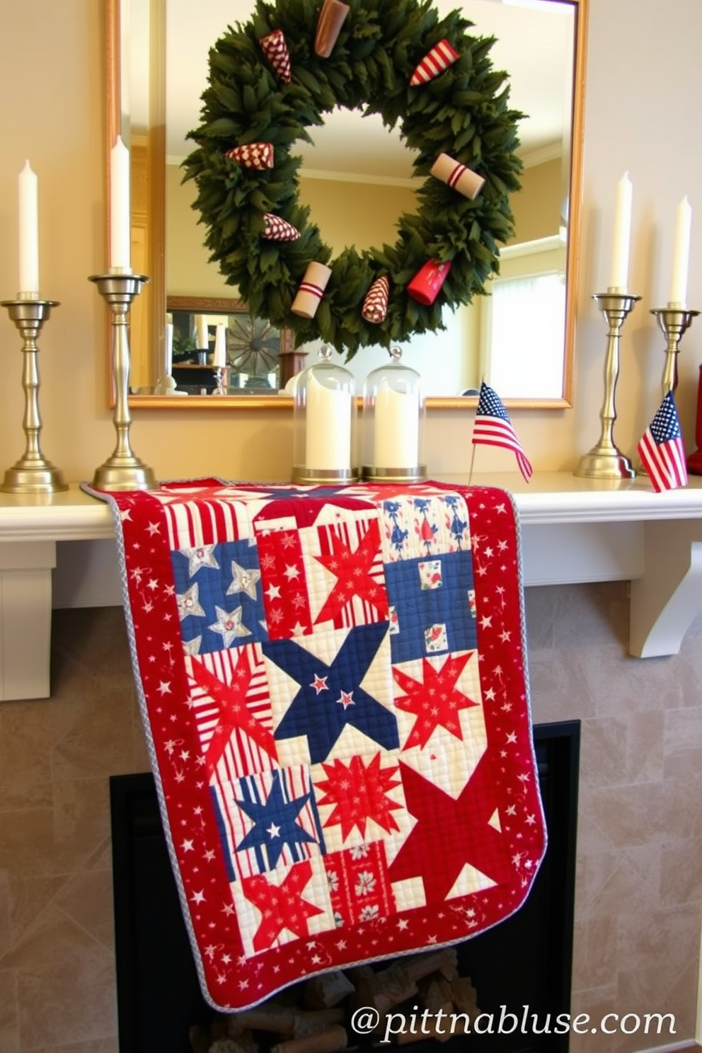 A cozy mantel adorned with a quilted table runner featuring vibrant patriotic patterns. The runner drapes elegantly across the mantel, complemented by decorative candles and small American flags placed strategically for a festive touch.