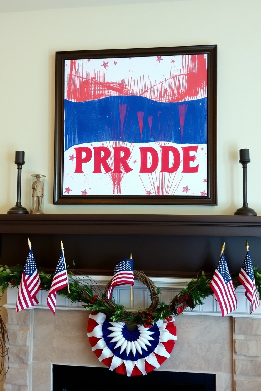 A patriotic themed artwork is prominently displayed above the mantel, featuring bold red, white, and blue colors that evoke a sense of pride. The mantel is adorned with seasonal decorations, including small flags and rustic elements that celebrate Memorial Day.