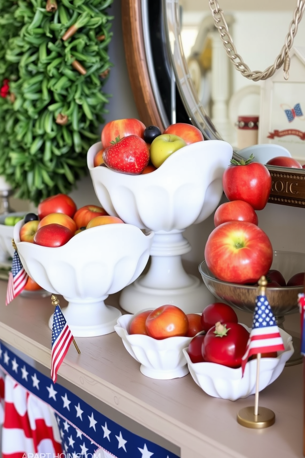 A beautifully arranged mantel for Memorial Day features ceramic bowls filled with vibrant seasonal fruits. The bowls are artfully placed among patriotic decorations such as small flags and red white and blue accents.