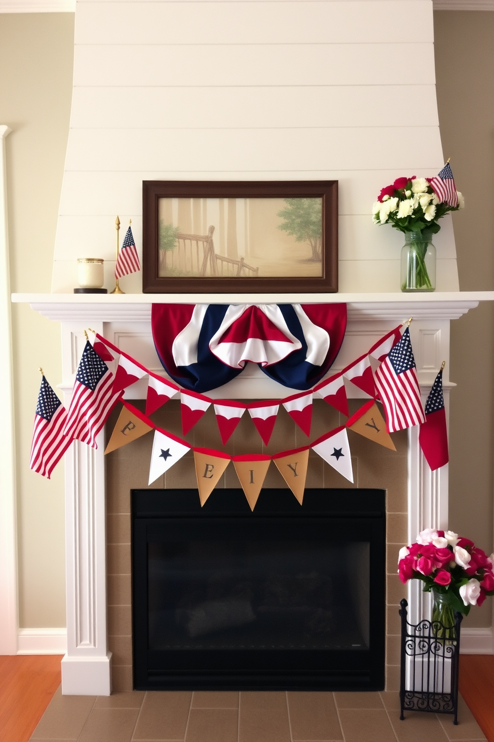 A charming mantel adorned with red white and blue bunting draped elegantly across the front. The festive decor captures the spirit of Memorial Day with small American flags and seasonal flowers arranged thoughtfully on either side.