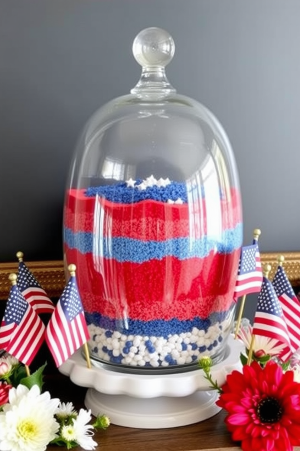 A stunning glass terrarium filled with layers of red white and blue sand creates a vibrant focal point for your Memorial Day mantel. Surround the terrarium with small American flags and seasonal flowers to enhance the festive atmosphere.