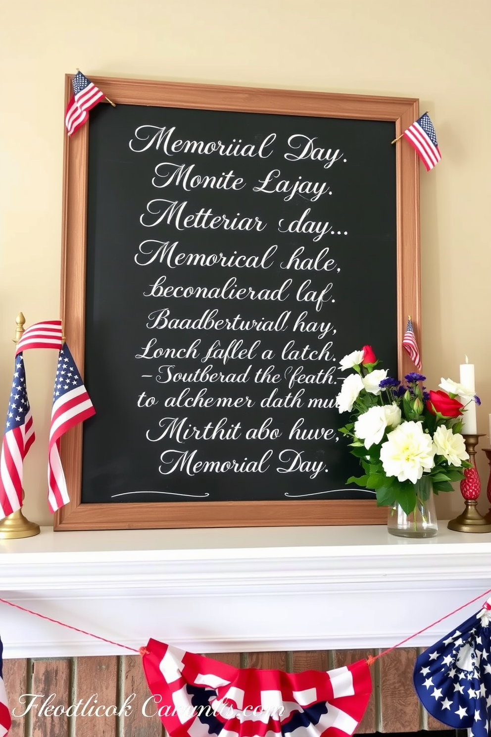 A chalkboard sign displays heartfelt Memorial Day quotes in elegant white script. The sign is framed with rustic wood and adorned with small American flags at the corners. The mantel is beautifully decorated with red white and blue accents for Memorial Day. Fresh flowers in a vase and candles in patriotic colors complete the festive look.