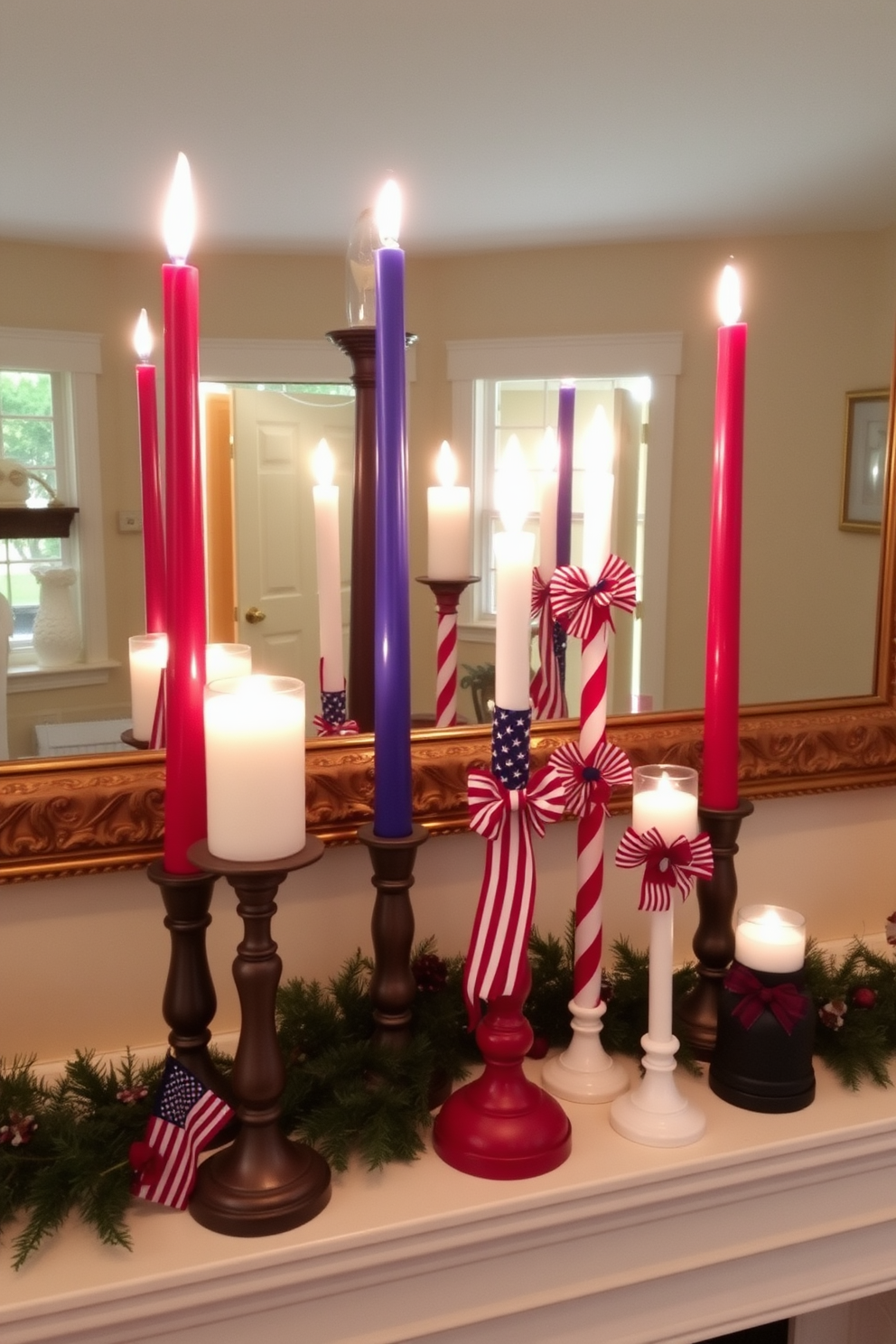 Patriotic candles in various heights are artfully arranged on a mantel, creating a festive atmosphere for Memorial Day. The candles are adorned with red, white, and blue accents, complementing the seasonal decor and evoking a sense of national pride.