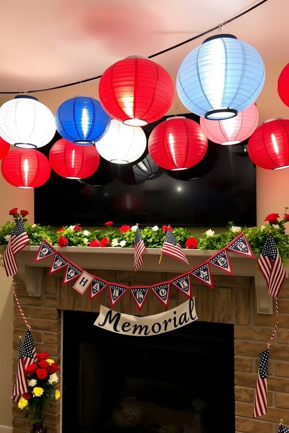 Hanging paper lanterns in red white and blue are strung across the mantel creating a festive atmosphere. The lanterns cast a warm glow, enhancing the patriotic theme of the decor. The mantel is adorned with small American flags and seasonal flowers in vibrant colors. A decorative banner that reads 