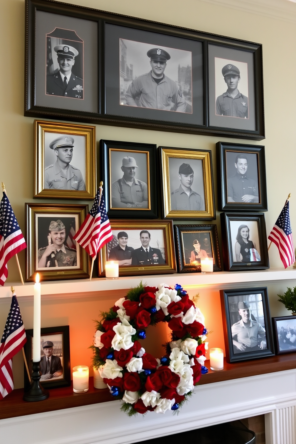 A warm and inviting mantel adorned with framed photos of veterans, showcasing their bravery and service. The display includes a mix of black and white and color photographs, each in elegant frames, creating a heartfelt tribute for Memorial Day. Surrounding the photos are tasteful decorations such as small American flags and a decorative wreath made of red, white, and blue flowers. Soft candlelight from flickering candles adds a cozy ambiance, enhancing the emotional significance of the setting.