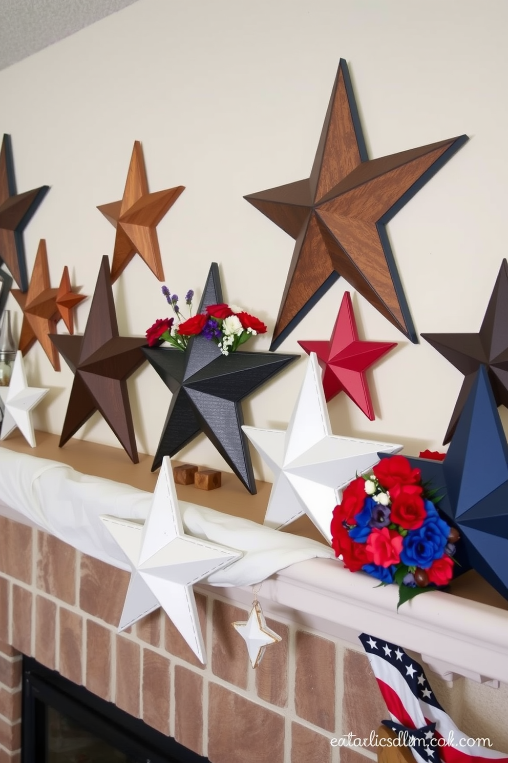 A festive mantel adorned with star-shaped decor in various sizes creates a celebratory atmosphere for Memorial Day. The stars are crafted from wood and metal, adding texture and charm to the display. Fresh flowers in red, white, and blue are placed alongside the star decorations to enhance the patriotic theme. A subtle backdrop of white fabric drapes across the mantel, providing a soft contrast to the vibrant decor.