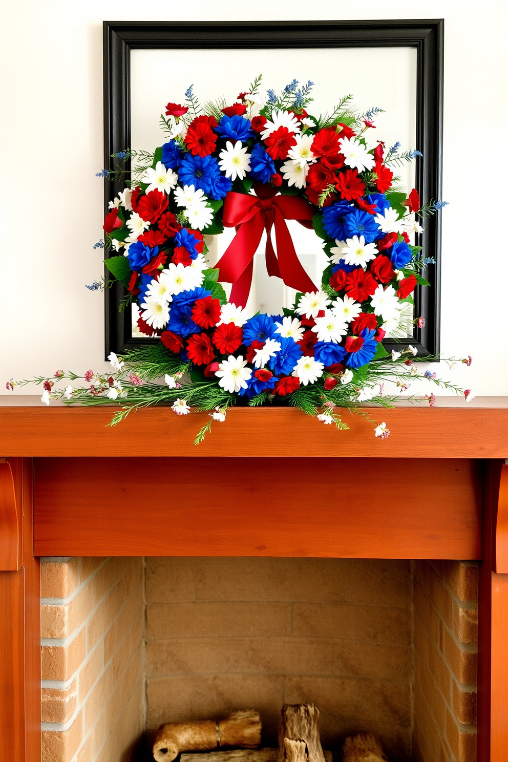 A stunning mantel adorned with a wreath made of red white and blue flowers. The vibrant colors create a patriotic ambiance, perfectly complementing the rustic wooden mantelpiece.