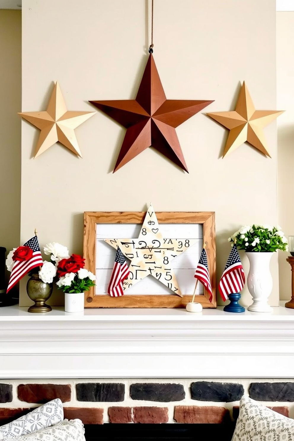 A cozy rustic mantel decorated for Memorial Day features wooden stars hung above it. The mantel is adorned with red white and blue accents including flowers and small flags.