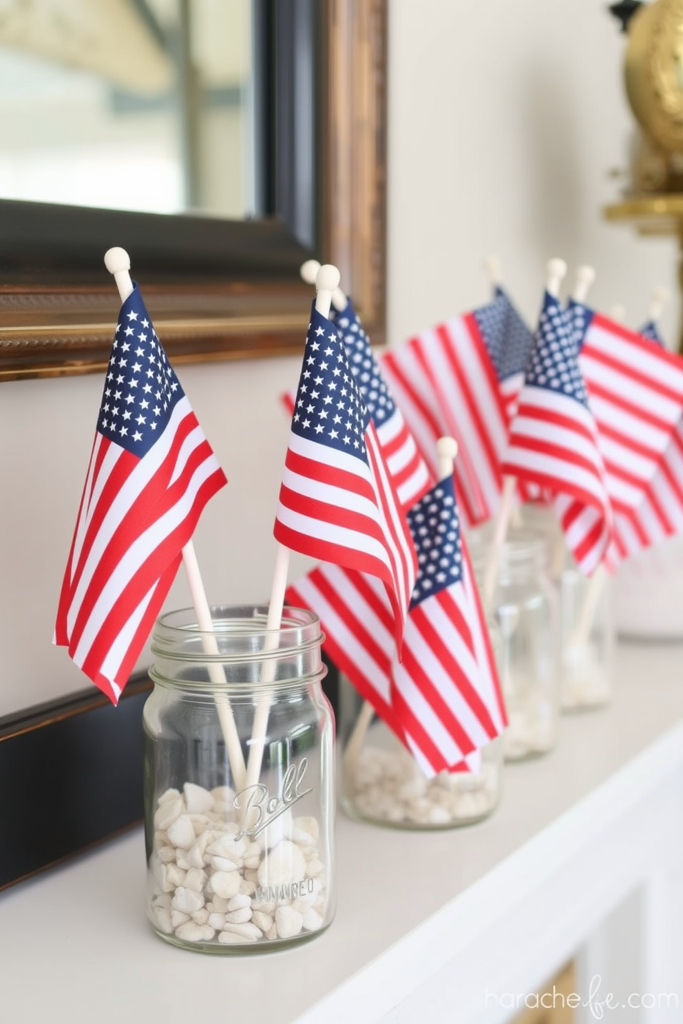 Mini American flags arranged in mason jars create a festive and patriotic display for your Memorial Day mantel. The jars can be filled with sand or small pebbles for added stability, and the flags can be varied in height for visual interest.