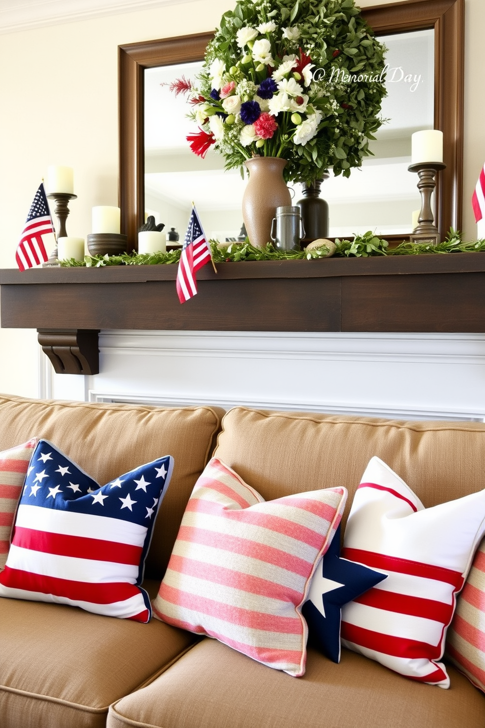 A cozy living room setting featuring adjacent seating with patriotic throw pillows in red, white, and blue. The pillows are adorned with stars and stripes, adding a festive touch to the space. Above the seating, a beautifully decorated mantel showcases Memorial Day decor. The mantel is adorned with small flags, candles, and seasonal flowers in a rustic vase, creating a warm and inviting atmosphere.