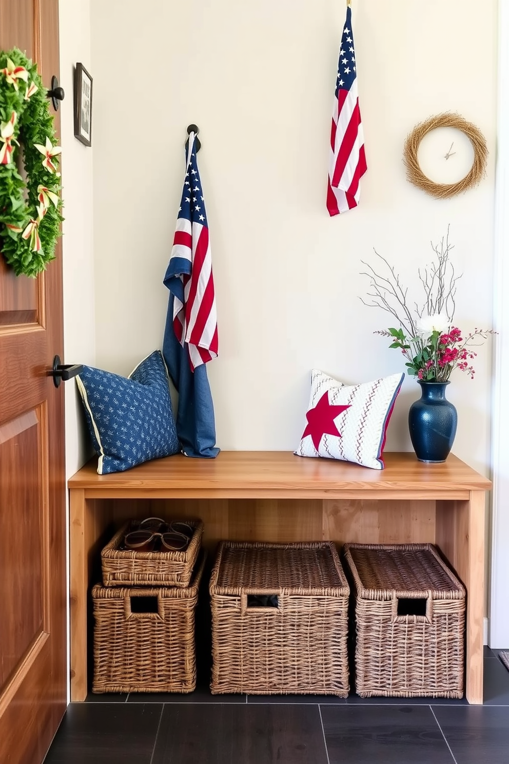 A rustic wood bench with a natural finish sits against the wall, providing a warm and inviting entryway. Beneath the bench, woven storage baskets in various sizes are neatly arranged, adding both functionality and a touch of charm to the space. The mudroom is adorned with patriotic decor for Memorial Day, featuring red, white, and blue accents throughout. A small flag is displayed on the wall, and seasonal decorations are tastefully placed on the bench to celebrate the holiday.