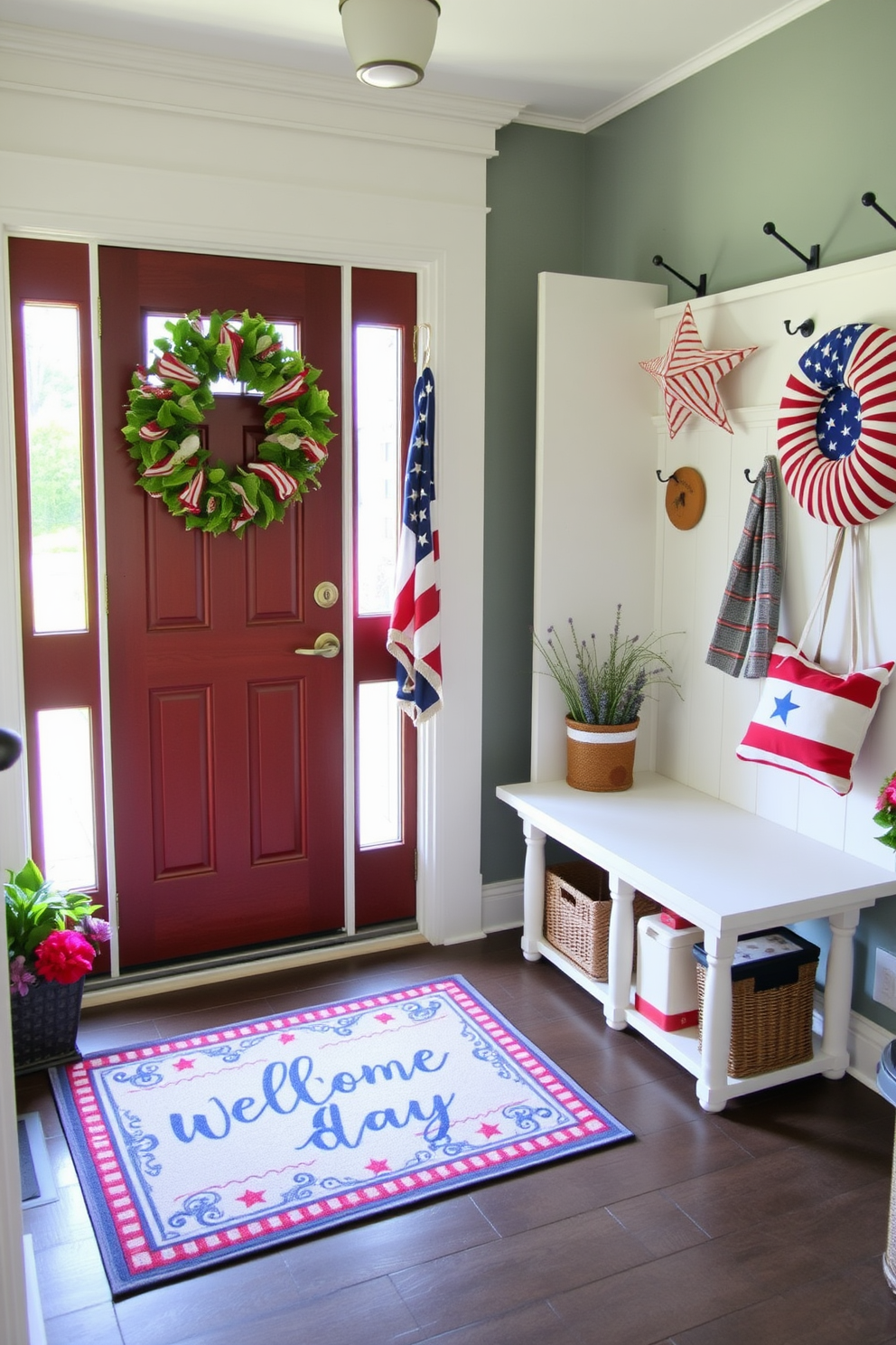 A personalized welcome mat greets guests at the entrance, featuring a cheerful design that reflects the homeowner's style. The mudroom is decorated with patriotic colors and themed accents to celebrate Memorial Day, incorporating red, white, and blue elements throughout the space.