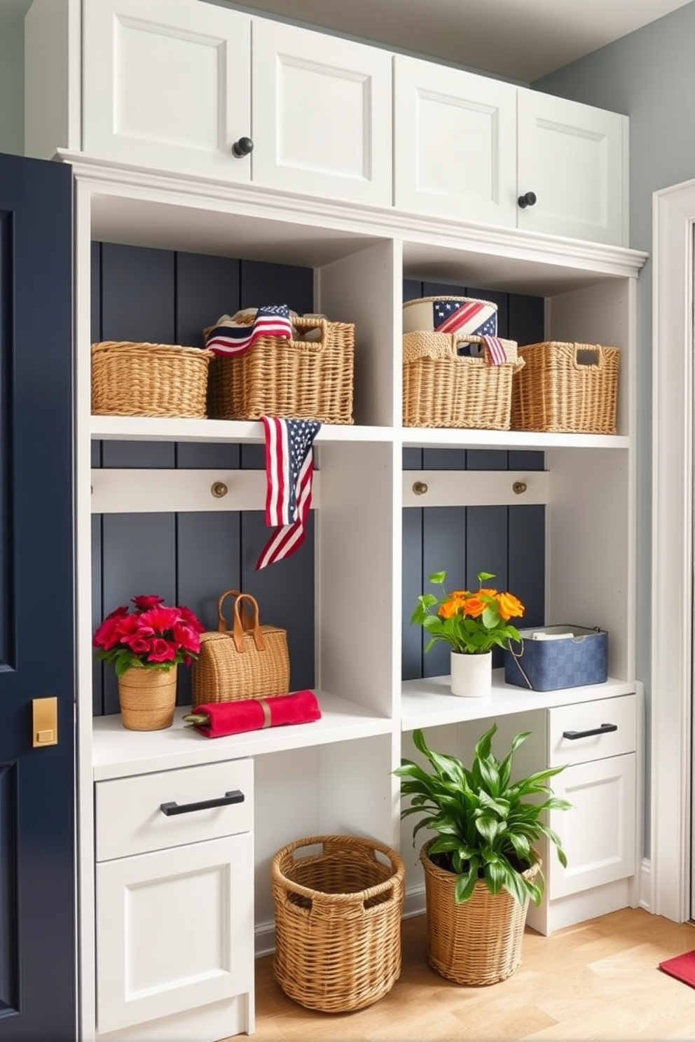 Open shelving designed for easy access to everyday items creates a functional and inviting mudroom. Incorporate decorative baskets and vibrant plants to enhance the aesthetic while maintaining organization. Memorial Day mudroom decorating ideas can include patriotic colors and seasonal decor. Use red, white, and blue accents to celebrate the holiday while keeping the space stylish and welcoming.