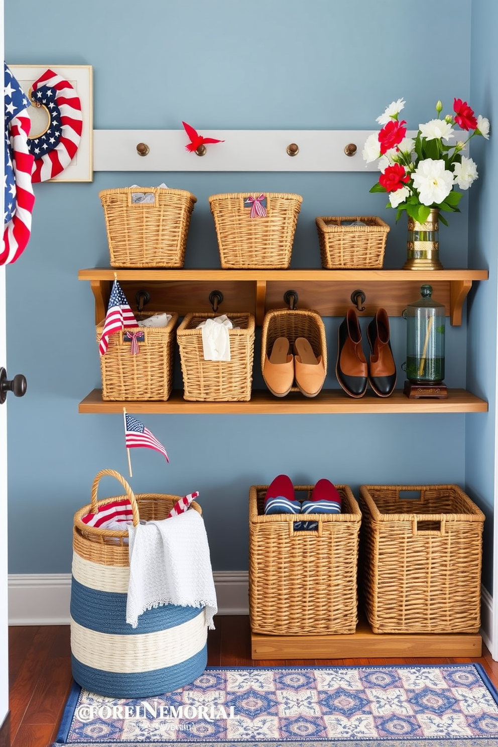 A cozy mudroom features a row of decorative baskets neatly arranged on a wooden shelf, providing stylish storage for shoes and outdoor gear. The walls are painted in a soft blue hue, and a patterned rug adds warmth to the space while complementing the baskets' natural textures. For a festive touch, red, white, and blue accents are incorporated throughout the mudroom, celebrating Memorial Day with patriotic decor. A small flag is placed in one of the baskets, while seasonal flowers in a vase add a cheerful pop of color to the room.