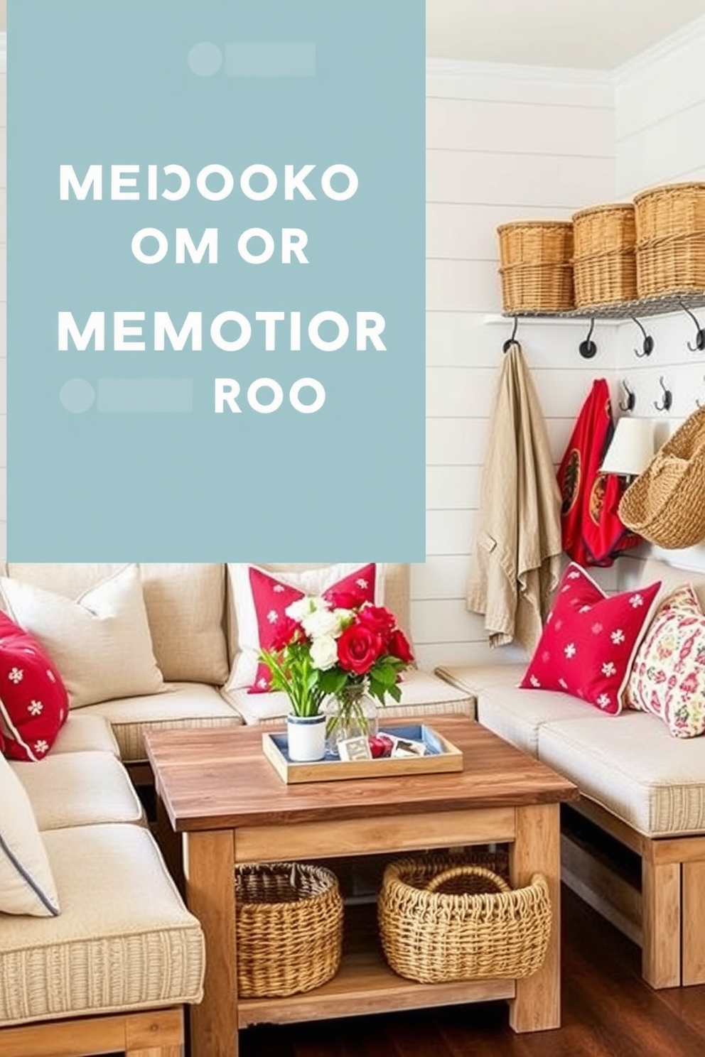 Cushioned seating arranged around a rustic wooden table creates a cozy and inviting atmosphere. The seating features soft, textured fabrics in neutral tones, complemented by colorful throw pillows for added comfort. Memorial Day mudroom decorating ideas include a vibrant red, white, and blue color scheme to celebrate the holiday. Functional storage solutions like woven baskets and hooks provide organization while adding a festive touch to the space.