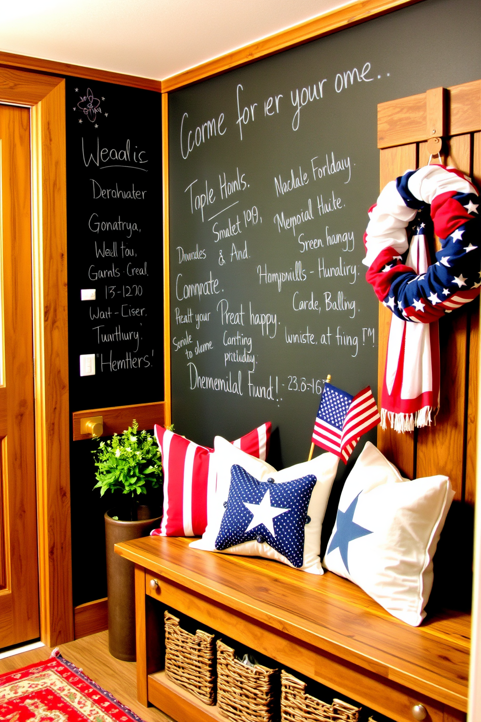 A chalkboard wall serves as a functional and stylish feature in the mudroom, providing ample space for messages and notes. The wall is framed with rustic wood, creating a warm and inviting atmosphere. For Memorial Day, the mudroom is decorated with red, white, and blue accents, including a patriotic wreath on the door. A bench with storage underneath is adorned with seasonal throw pillows and a small American flag for a festive touch.