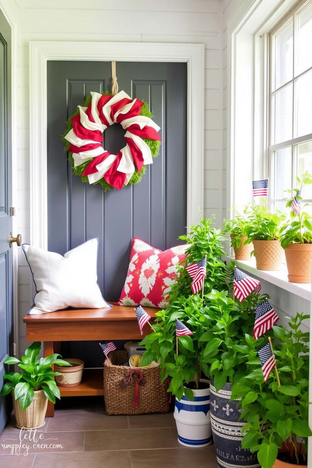 A cozy mudroom adorned with potted plants creates a fresh and inviting atmosphere. The space features a wooden bench with soft cushions and a collection of vibrant green plants in decorative pots arranged along the windowsill. To celebrate Memorial Day, the mudroom is decorated with red white and blue accents. A patriotic wreath hangs on the door while small flags are placed in the potted plants for a festive touch.