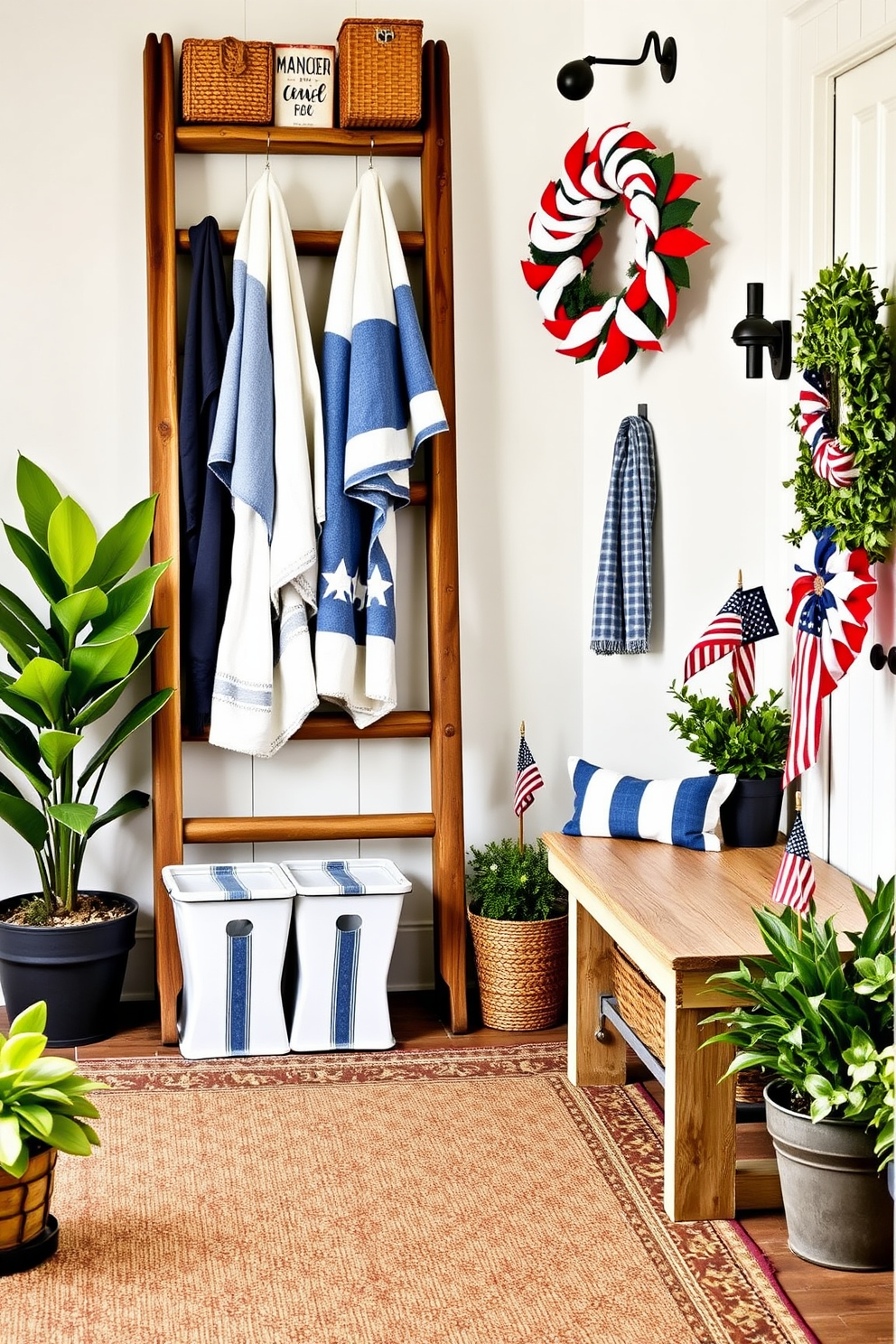 A rustic wooden ladder leans against the wall in the mudroom, adorned with neatly hung towels in various shades of blue and white. The floor is covered with a durable, patterned rug that adds a touch of warmth to the space, while a small bench sits nearby for convenience. Decorative elements for Memorial Day include red, white, and blue accents, such as a festive wreath on the door and small flags placed strategically around the room. Potted plants in the corners bring a fresh touch to the rustic decor, creating a welcoming atmosphere.