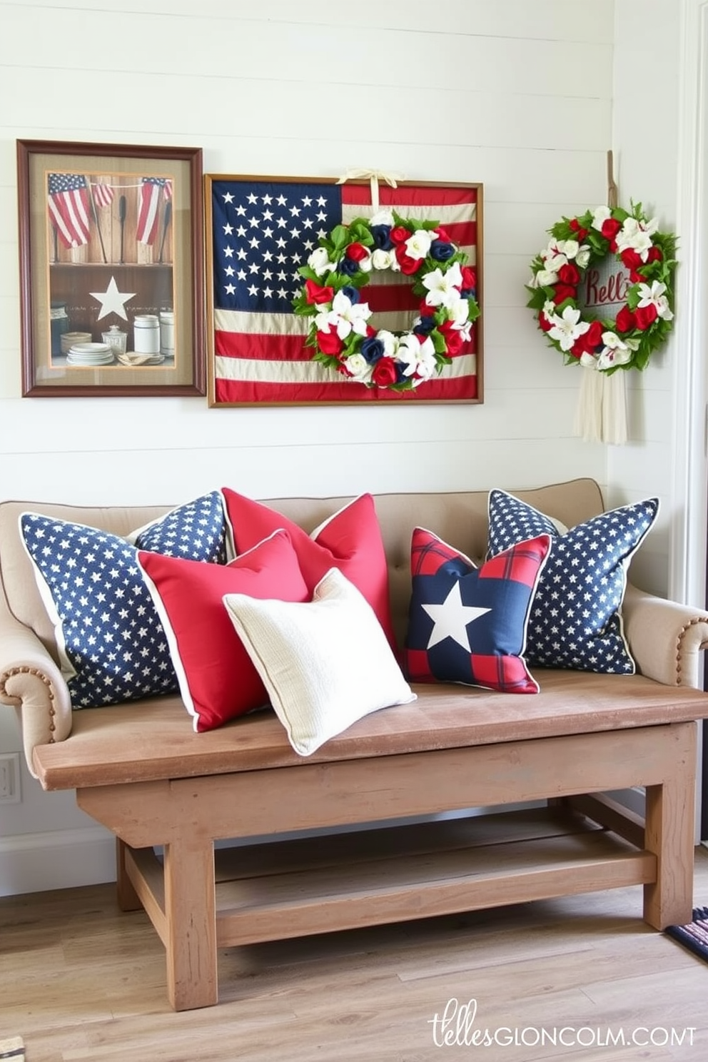 Seasonal throw pillows in vibrant red white and blue patterns are arranged on a cozy sofa inviting relaxation and comfort. The pillows feature various textures like linen and cotton enhancing the overall aesthetic and providing a festive touch. For Memorial Day mudroom decorating ideas a welcoming entryway is created with a rustic bench adorned with patriotic themed cushions. The walls are decorated with framed vintage American flags and a wreath made of red white and blue flowers hangs on the door.