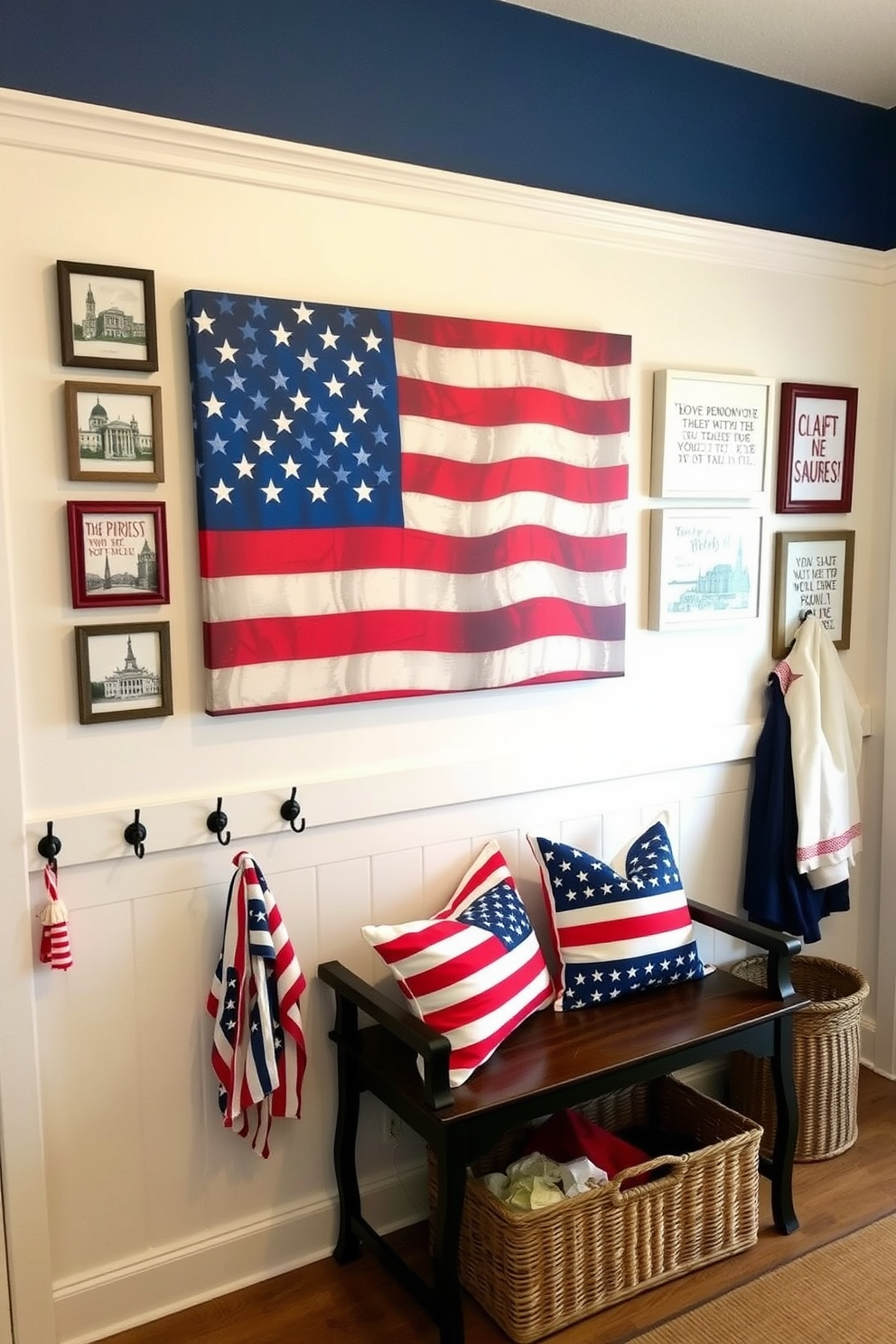 A patriotic themed wall art display features a large canvas depicting an American flag in vibrant colors. Surrounding the canvas are smaller framed prints of historical landmarks and quotes celebrating freedom and unity. The mudroom is decorated with a combination of red, white, and blue accents. There are hooks for coats, a bench with patriotic throw pillows, and a woven basket for storage, all contributing to a welcoming and festive atmosphere.