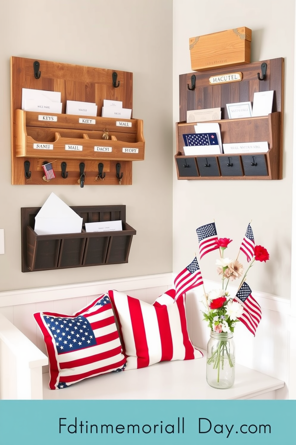 A welcoming mudroom features wall-mounted organizers for keys and mail, crafted from reclaimed wood with a rustic finish. The organizers are adorned with vintage-style hooks and labeled compartments, creating an inviting and functional space. To celebrate Memorial Day, the mudroom is decorated with patriotic accents such as red, white, and blue throw pillows on a built-in bench. Fresh flowers in a mason jar and small American flags add a festive touch, enhancing the overall charm of the room.