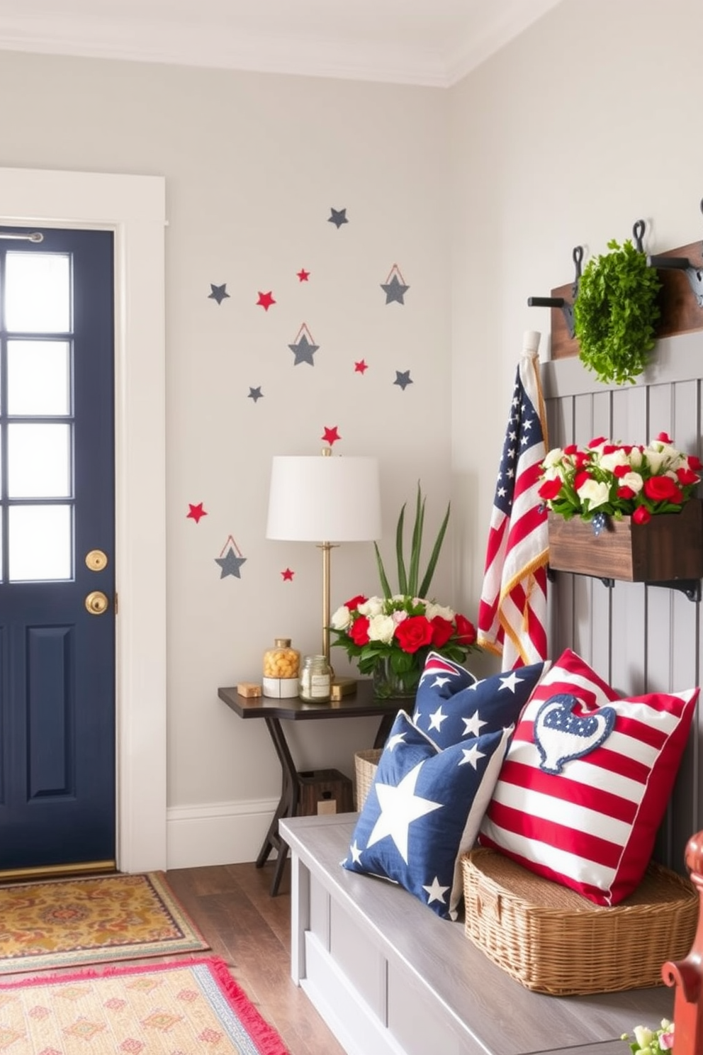 Artistic wall decals can transform a space by adding playful and vibrant accents that reflect personal style. Consider using nature-inspired designs or abstract shapes to create a unique focal point in any room. For Memorial Day, a mudroom can be decorated with red, white, and blue accents to celebrate the holiday. Incorporate patriotic-themed decor such as star-shaped pillows, flag banners, and seasonal flowers to create a warm and inviting entryway.