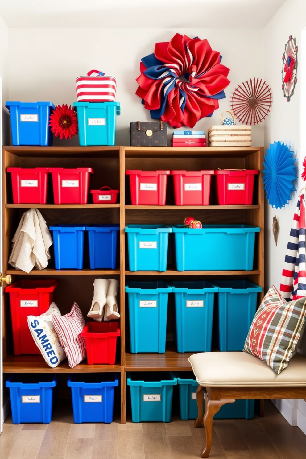 Brightly colored storage bins arranged neatly in a spacious mudroom. The bins are labeled for easy organization and sit on sturdy wooden shelves, creating a vibrant and functional space. Memorial Day themed decorations adorn the walls, featuring red, white, and blue accents. A stylish bench with cushions provides a comfortable spot to sit and remove shoes, enhancing the welcoming atmosphere of the mudroom.