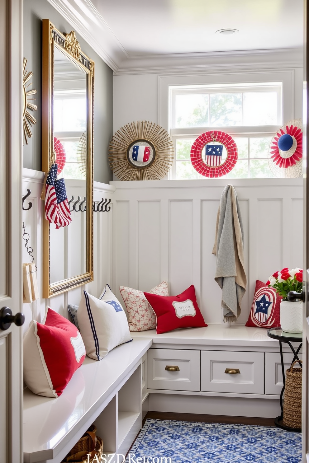 A stylish mudroom designed for functionality and aesthetics. The space features decorative mirrors that reflect natural light, creating an inviting atmosphere. The mudroom is adorned with a combination of storage solutions, including built-in benches and hooks for coats. Bright seasonal decor celebrates Memorial Day, incorporating red, white, and blue accents.