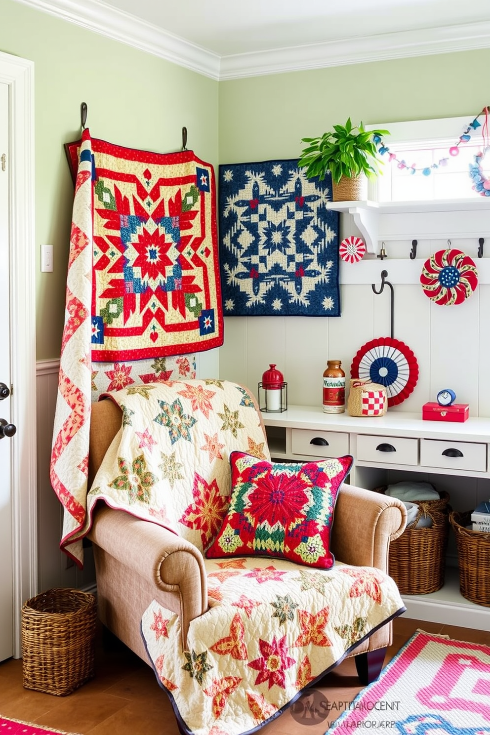 Handmade quilts drape over a cozy armchair, adding warmth and character to the space. The quilts feature vibrant colors and intricate patterns, inviting a sense of nostalgia and comfort. The mudroom is adorned with patriotic decorations, showcasing red, white, and blue accents. Functional storage solutions blend seamlessly with decorative elements, creating an organized yet festive atmosphere.