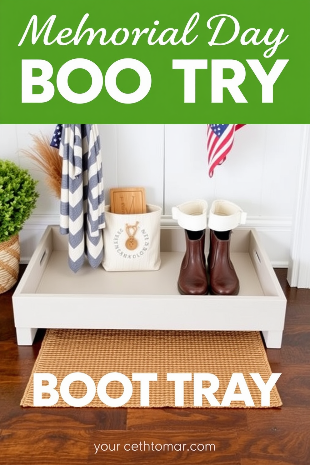 Create a stylish boot tray designed to catch muddy shoes with a modern aesthetic. The tray features a raised edge and is made from durable materials in a neutral color palette to complement any mudroom decor. Incorporate decorative elements like natural wood accents and a textured mat for added functionality. Use this boot tray as a focal point in your Memorial Day mudroom decorating ideas, ensuring it blends seamlessly with seasonal decor.