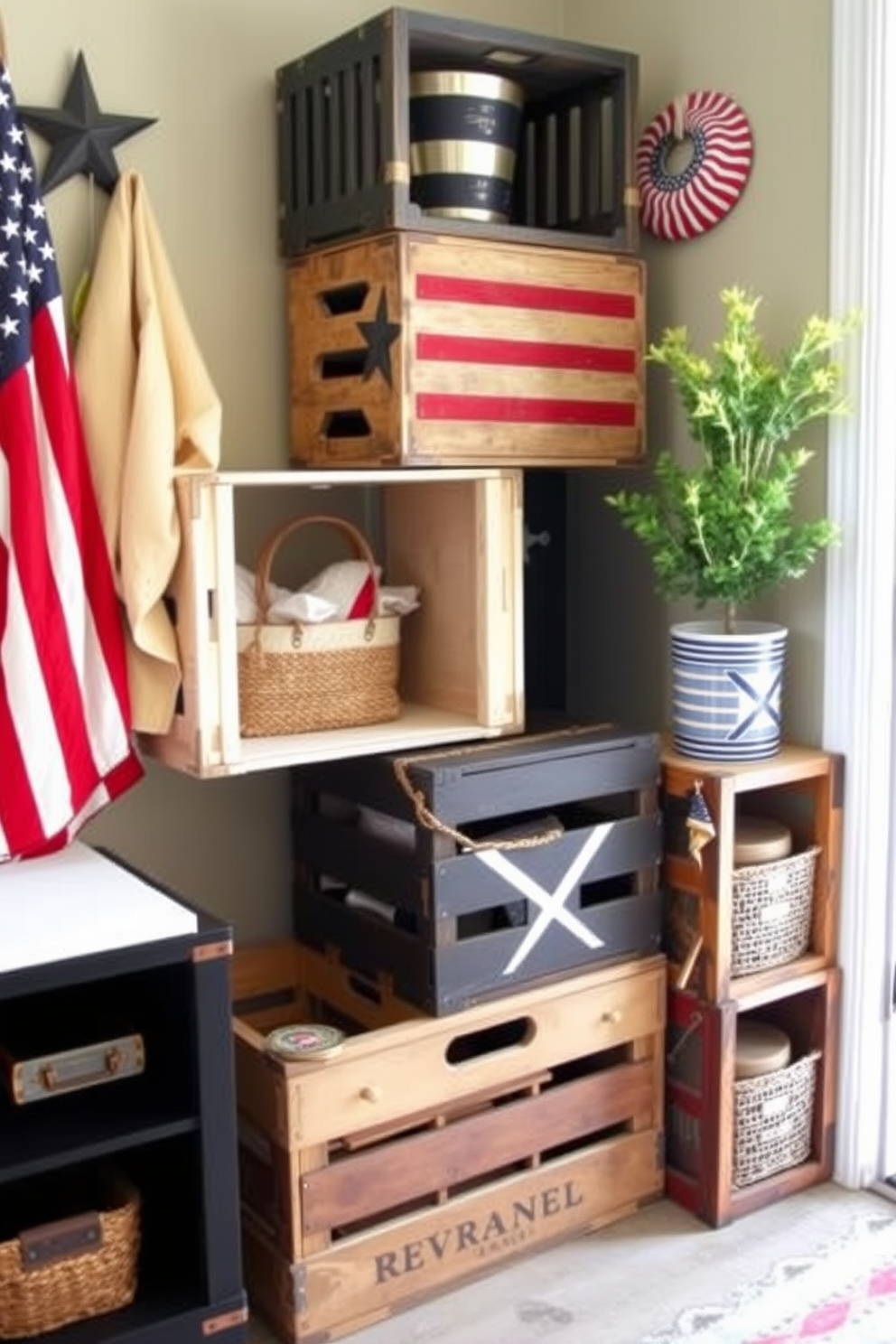 Vintage crates for unique storage solutions. Stacked in a corner, they provide both functionality and charm, showcasing a rustic aesthetic. Memorial Day mudroom decorating ideas. Incorporate patriotic colors and seasonal decor, creating a welcoming entryway that celebrates the holiday.