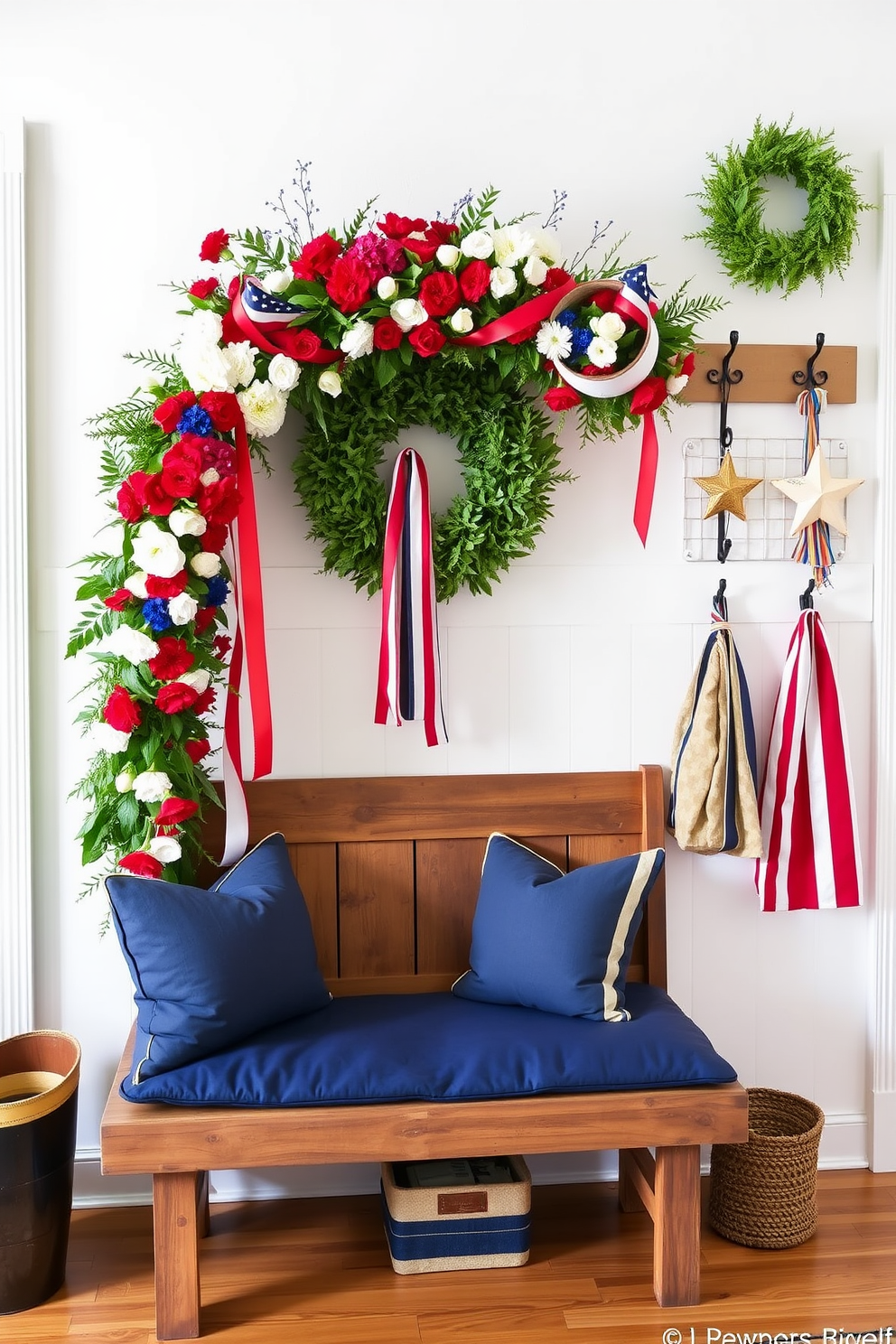 Seasonal garlands for festive flair. Imagine a vibrant garland adorned with red white and blue flowers and ribbons draped elegantly across a mantelpiece. Memorial Day mudroom decorating ideas. Envision a welcoming mudroom featuring a rustic bench with navy blue cushions and a wall display of patriotic-themed hooks for hanging jackets and bags.