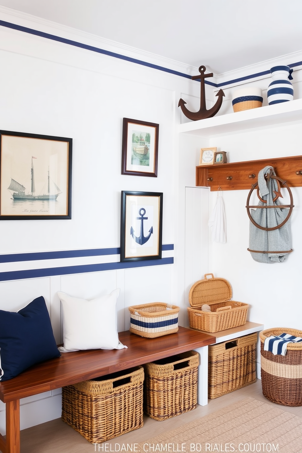 A charming mudroom decorated in a nautical theme. The walls are painted in a crisp white, adorned with blue and white striped accents and vintage maritime artwork. A wooden bench with navy cushions sits against the wall, complemented by a collection of woven baskets for storage. Nautical-themed accessories, such as a ship wheel and anchor, are tastefully arranged on the shelves above.