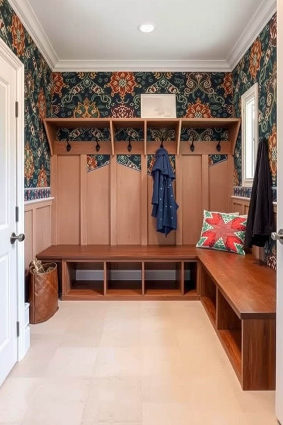 A mudroom designed with creative wallpaper that adds a dramatic touch. The wallpaper features bold patterns and colors, setting a vibrant tone for the space while providing a welcoming atmosphere. Functional storage solutions are integrated into the design, including built-in benches and hooks. The flooring is durable yet stylish, complementing the overall aesthetic while ensuring practicality for everyday use.