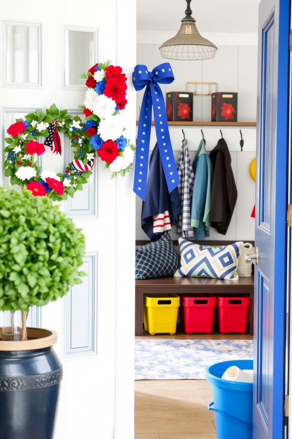 A vibrant seasonal wreath adorns the front door, featuring red white and blue flowers along with patriotic accents. Inside the mudroom a stylish bench is paired with colorful storage bins and hooks for hanging jackets and bags creating an inviting space.