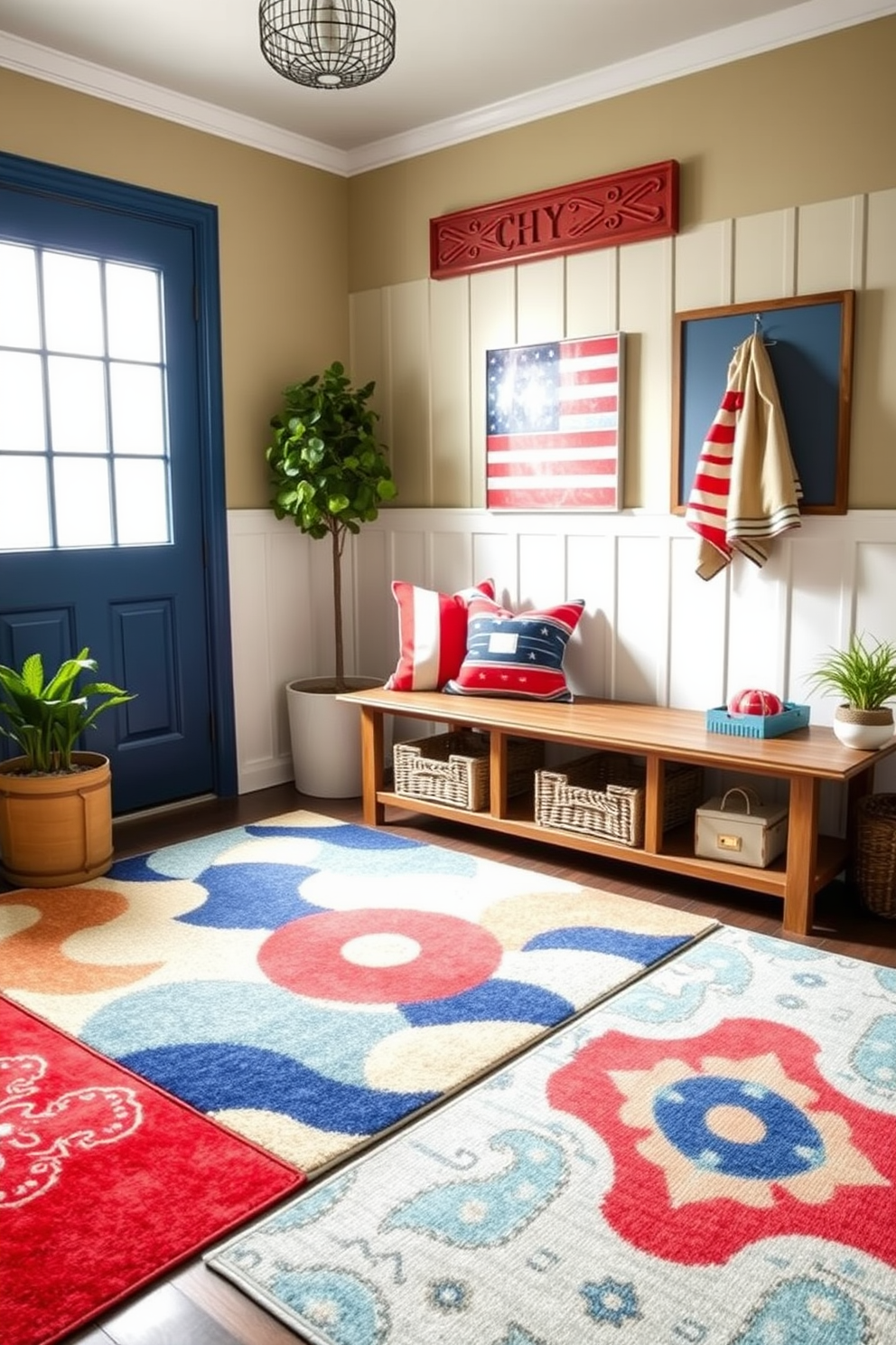 Bright colored rugs for summer vibes. The space is filled with vibrant hues, featuring large area rugs that bring warmth and energy to the room. Memorial Day Mudroom Decorating Ideas. The mudroom showcases patriotic decor with red, white, and blue accents, including a stylish bench and playful wall art.