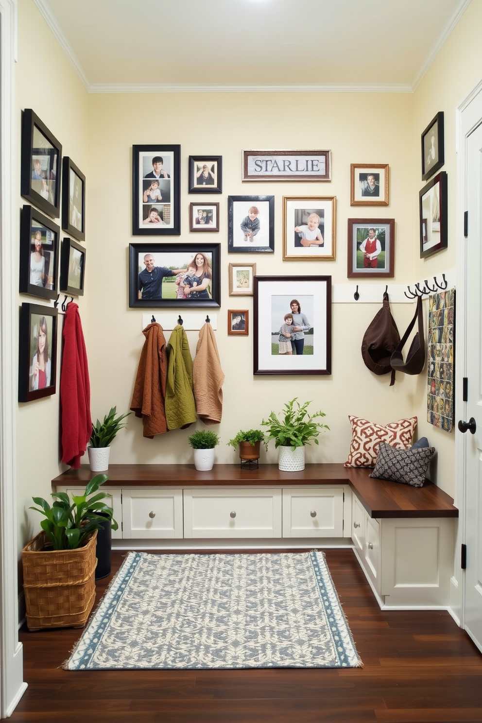 A gallery wall features a collection of family photos in various frames arranged in a cohesive layout. The wall is painted in a soft cream color, providing a warm backdrop that highlights the memories captured in each photo. The mudroom is designed with functional storage solutions, including built-in benches and hooks for coats. Decorative elements like a patterned rug and potted plants add a welcoming touch to this practical space.