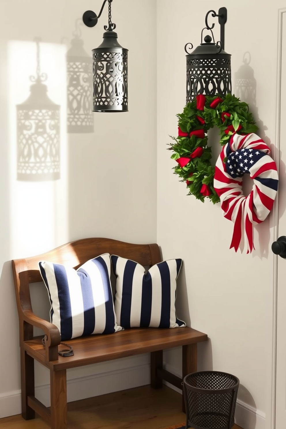 Decorative lanterns for ambient lighting. The lanterns are made of wrought iron with intricate cut-out designs, casting beautiful shadows on the walls. Memorial Day mudroom decorating ideas. The space features a rustic bench with navy and white striped cushions, complemented by a patriotic wreath hanging on the door.