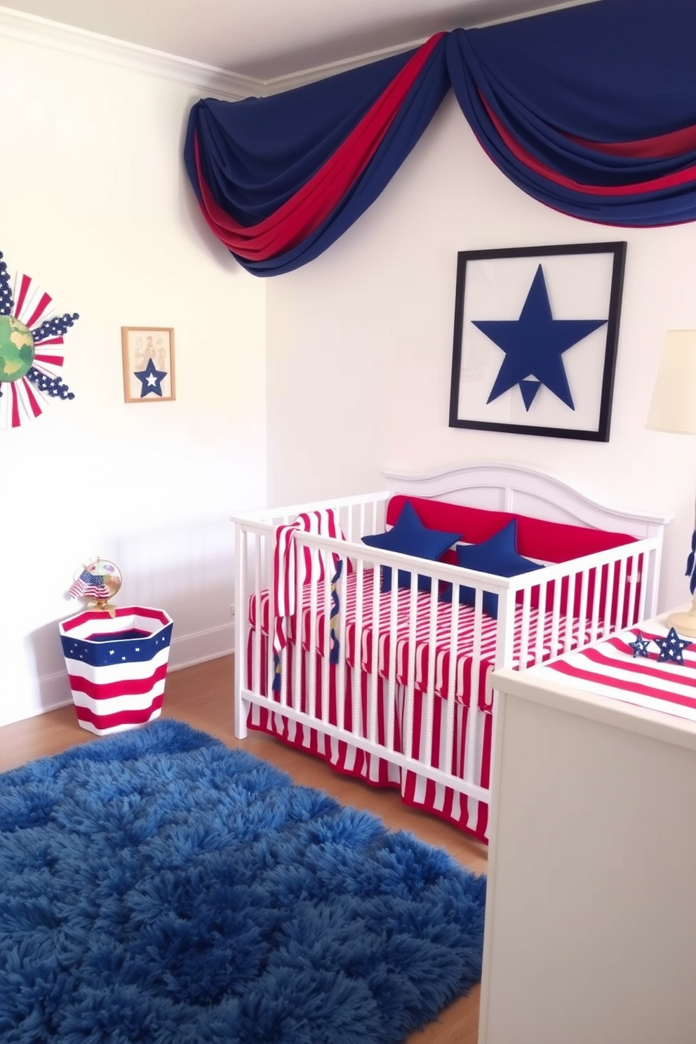 A cheerful nursery designed with a red white and blue color scheme. The walls are painted in soft white with red and blue accents in the decor, creating a festive yet calming atmosphere. A cozy crib is adorned with a red and white striped bedding set, complemented by blue star-shaped pillows. A plush rug in shades of blue anchors the space, while patriotic-themed artwork decorates the walls.