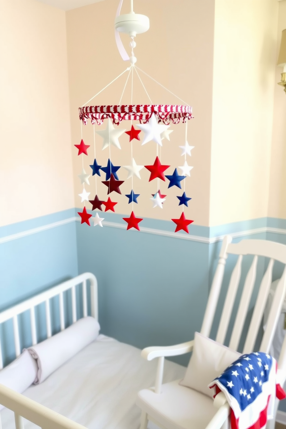 A charming nursery featuring a mobile hanging above the crib, adorned with red white and blue stars and stripes to celebrate Memorial Day. The walls are painted in soft pastel colors, and a cozy rocking chair sits in the corner, creating a serene atmosphere for relaxation.