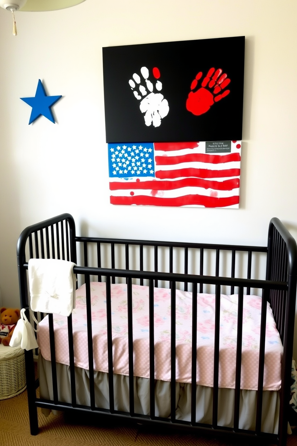 Create a charming nursery space featuring a DIY handprint flag canvas artwork that celebrates Memorial Day. The artwork is prominently displayed above a cozy crib with soft pastel bedding and surrounded by playful decor elements.