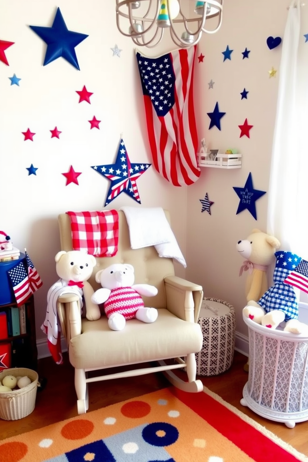 Create a cozy nursery setting decorated with patriotic themed plush toys for infants. The room features soft pastel walls adorned with stars and stripes, complemented by a comfortable rocking chair and a colorful area rug.